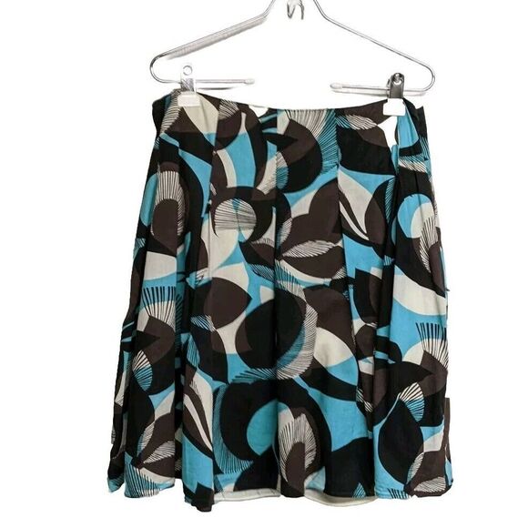New York & Company Skirt Women 12 NYC Flare Lined Turquoise Brown Feathers Print - Picture 1 of 5